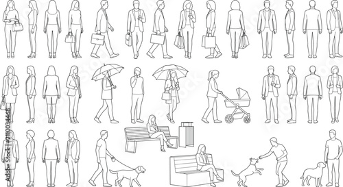 People outline character collection with walking standing sitting and daily lifestyle poses vector set