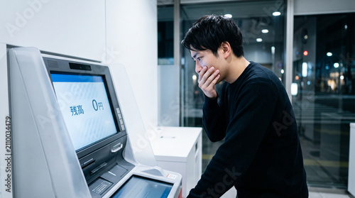 Stressed Asian man looking at zero balance on ATM screen, financial crisis concept