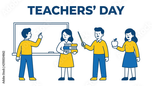 A Celebration of Educators: This illustration depicts Teachers' Day with four stylized figures representing teachers and students in a classroom setting. One figure writes on a whiteboard.