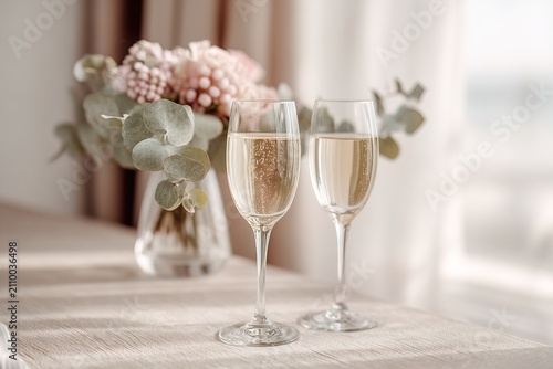 Elegant close up image featuring champagne glasses and floral decoration on clean hotel table setting. Ideal for wedding visuals, anniversary concepts, premium hospitality advertising