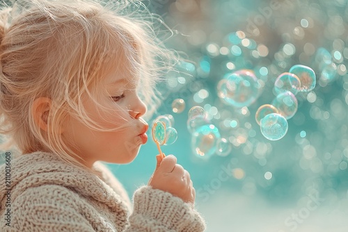 Cute little blonde girl blowing soap bubbles outdoors on a bright sunny day with beautiful bokeh