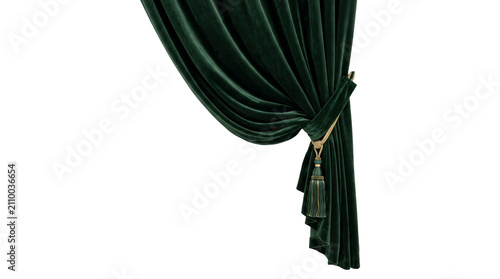 Fotografie Dark green velvet theater curtain with gold trim tassel isolated on transparent background png decoration