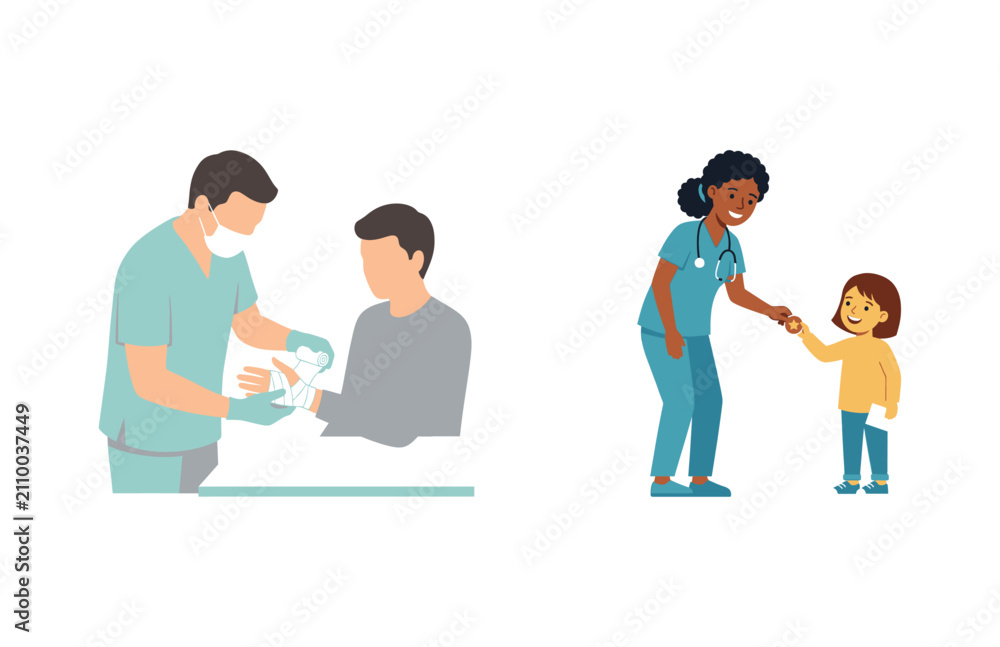 Fototapeta premium Medical scenes set featuring a doctor treating a patient and a nurse giving candy to a smiling child