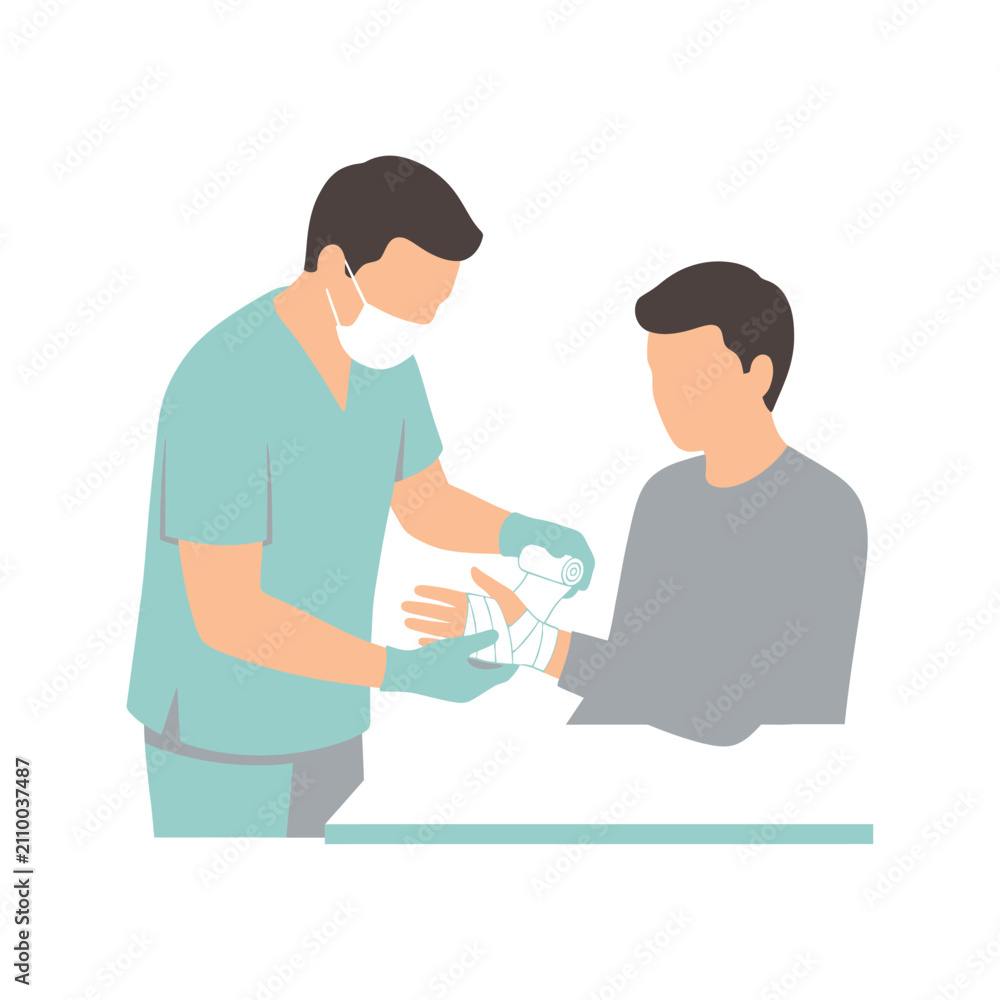 Obraz premium Medical Professional Providing First Aid and Applying Bandage to Patient Injured Hand