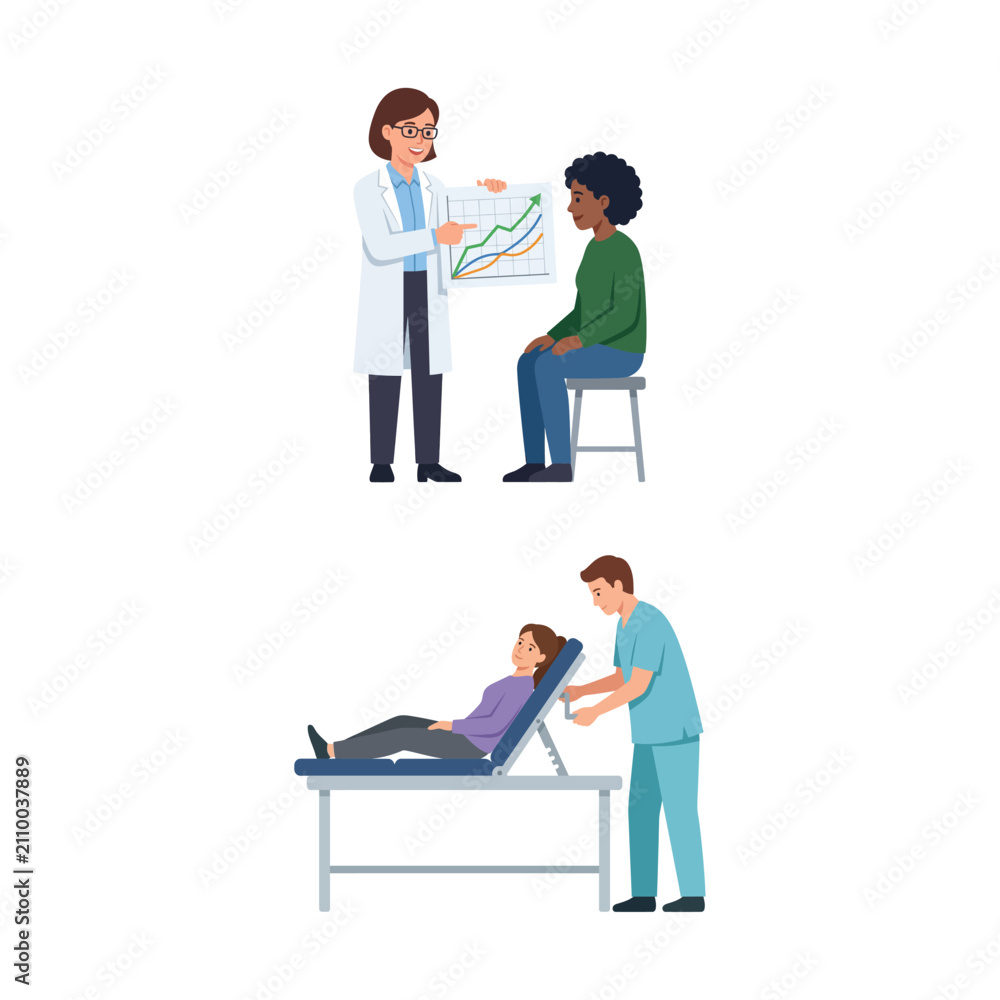 Obraz premium Doctor explaining medical chart to patient and nurse adjusting examination bed flat vector set