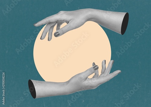 Two female hands forming circular frame in surreal collage style on blue background. Whimsical abstract composition for balance, connection, creativity and modern design concept