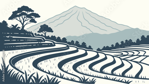 Fotografie Graphic illustration of terraced rice fields and majestic mountain background