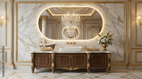 oval mirror placed in bathroom 