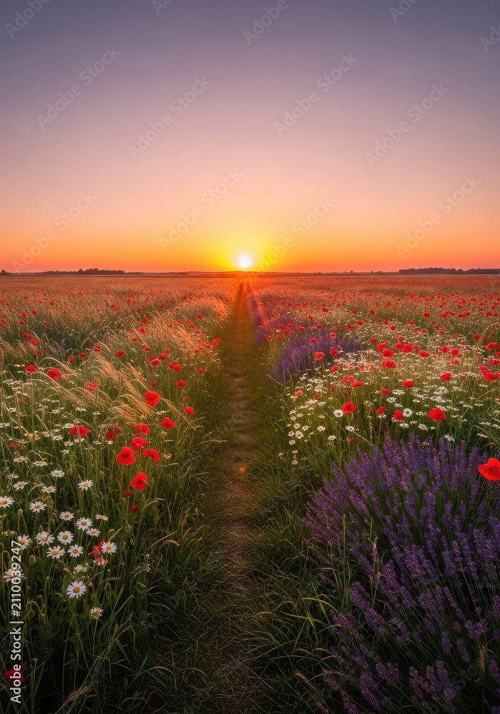 Obraz premium Soft sunlight illuminates a path through tall waving grasses and colorful wildflowers as the sun sets over a calm and rural summer landscape, grass, calm, nature