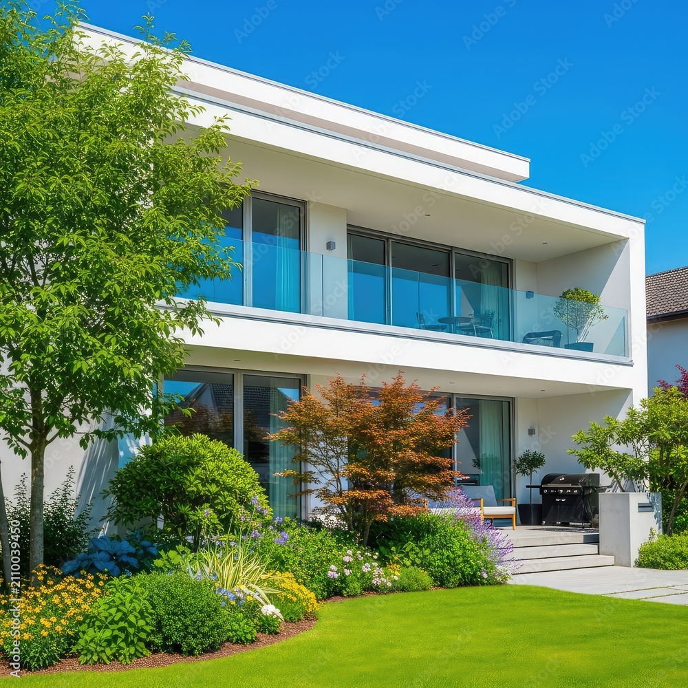 Fototapeta premium This sleek two-story minimalist residence features clean architectural lines, a spacious upper balcony, and vibrant green garden landscaping, property, outdoor, residence