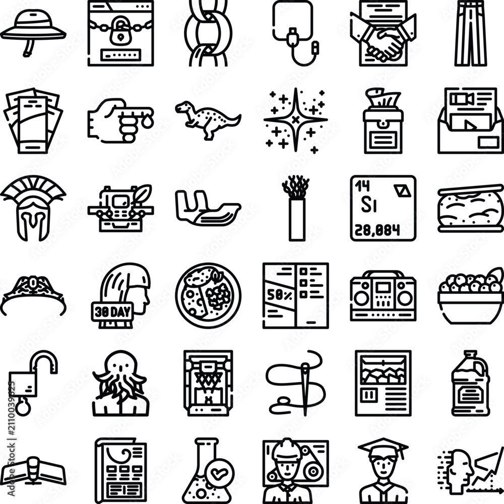Fototapeta premium Detailed line art icons presenting a wide range of subjects, objects, and abstract concepts, perfect for web design, applications, and graphic design elements