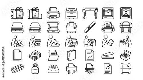 Canvastavla Modern office printer icons set, professional printing equipment line art, 35 do