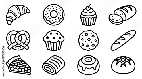Fotografie Bakery Icons: Croissant, Donut, Muffin, Bread, Pretzel, Cookie, Pie, Swirl