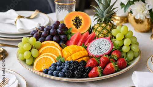 Foto Large platter filled with fresh tropical fruits including pineapple, papaya, man
