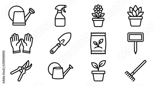 Obraz na płótnie Gardening Icons Set: Watering Can, Sprayer, Plants, Gloves, Trowel, Seeds, Rake,