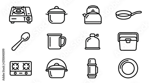 Camping Kitchenware Icons: Portable Stove, Pots, Kettle, Utensils, Cooler, Thermos