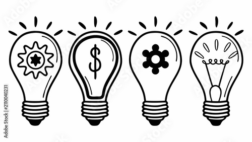Creative light bulb concept icons in black and white doodle style with innovation creativity business solution strategy invention knowledge intelligence inspiration planning thinking