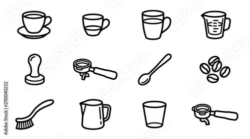 Photos Coffee Making Icons: Espresso Machine Parts, Cups, Beans, and Tools - Vector Set