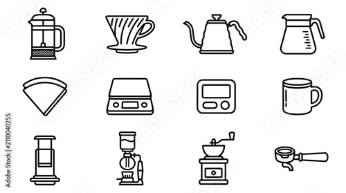 Fotografi Coffee Making Icons: French Press, Pour Over, Kettle, Carafe, Grinder, Mug, Scal