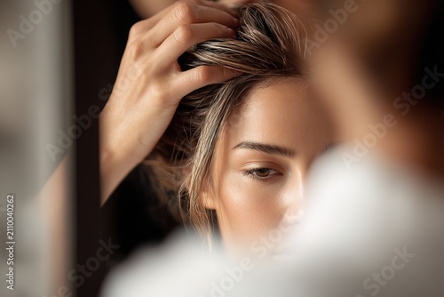 A woman is gazing into a mirror. A stylist is working on her hair in a beauty salon setting. The scene takes place during daylight hours