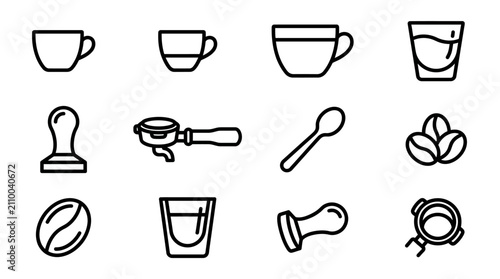 Tableau sur toile Espresso Coffee Icons: Cups, Beans, Tamper, Portafilter, Spoon, Shot Glass