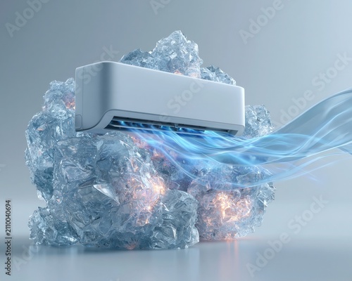 A white air conditioner on an ice pedestal, an advertising concept