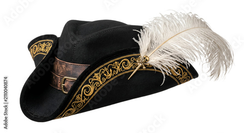 Black Tricorn Hat With White Feather and Gold Embroidery, Vintage Pirate Musketeer Style