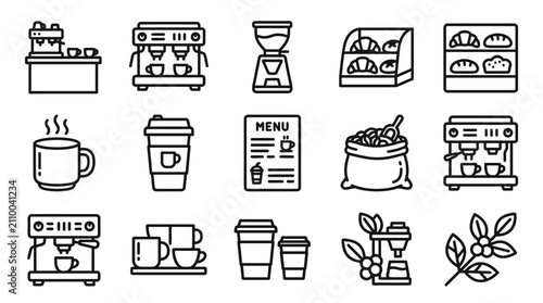 Cuadro en lienzo Coffee Shop Icons: Espresso Machine, Croissants, Hot Drinks, Beans, Menu