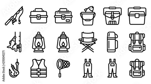 Foto Fishing Gear Icons Set: Rod, Tackle Boxes, Lanterns, Vest, Backpack, Net, Chair,