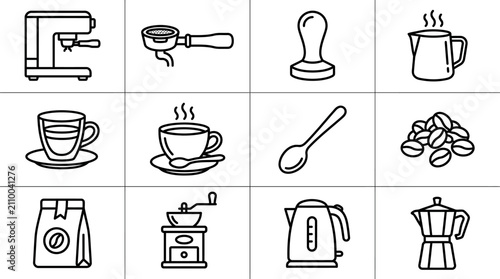 Foto Coffee Icons: Espresso Machine, Cup, Beans, Grinder, Kettle, Moka Pot, Tamper, P