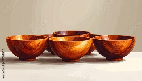 Set of four polished wooden bowls on neutral background.