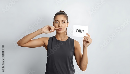 A woman humorously demonstrates the concept of dieting by pretending to zip her mouth shut while holding a sign that says diet