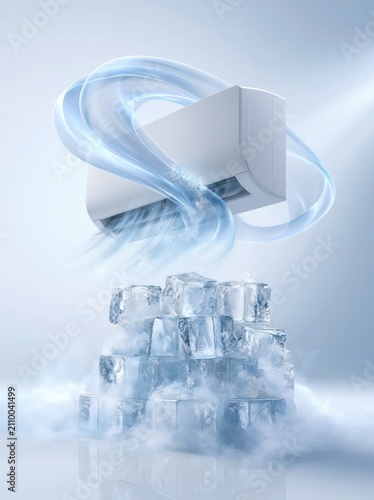 a sleek modern white split air conditioner displayed on a pedestal made of crystal-clear ice cubes