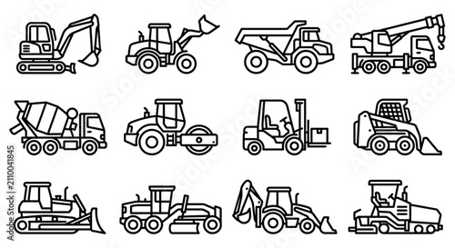 Obraz na płótnie Construction Vehicle Icons: Excavator, Loader, Dump Truck, Crane, Mixer, Roller,