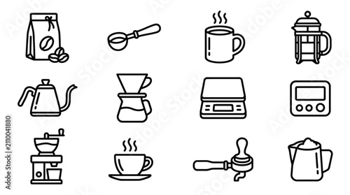 Foto Coffee Making Icons: Beans, Grinder, Kettle, French Press, Pour Over, Cup, Scale