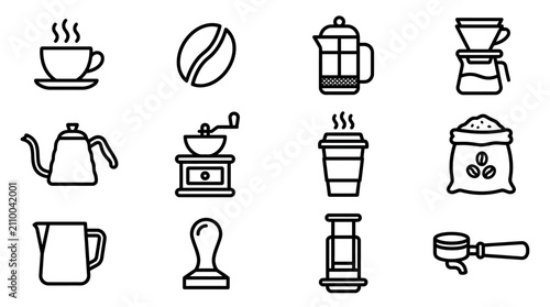 Photos Coffee Icons Set: Cup, Bean, Grinder, French Press, Pour Over, Bag, Tamper, Port