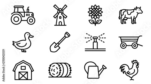 Canvastavla Farm Icons Set: Tractor, Cow, Chicken, Barn, Windmill, Sunflower, Duck, Shovel,