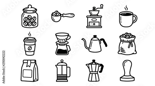 Foto Coffee Making Icons: Beans, Grinder, Pot, Mug, Bag, French Press, Moka Pot, Tamp
