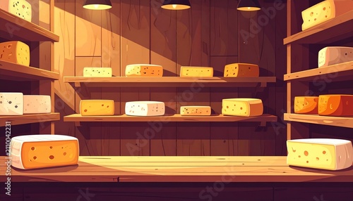 Rustic Cheese Shop Display with Wooden Shelves and Warm Lighting.