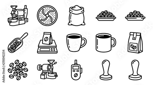 Tableau sur toile Coffee Icons: Roaster, Beans, Bag, Scale, Mug, Tamper, Scoop, Grinder, Sensor