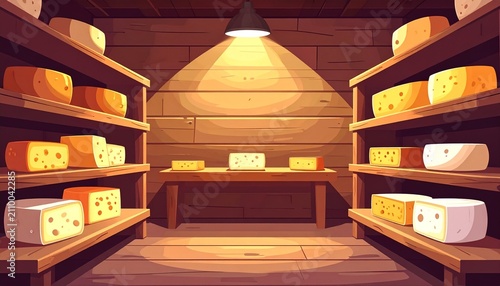 Rustic Wooden Cellar Filled with Aged Cheese Wheels.
