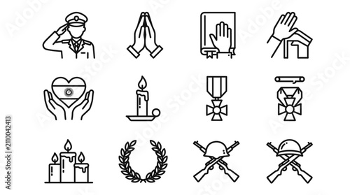 Quadro su tela Military memorial line icons set, 12 patriotic veteran funeral and remembrance s