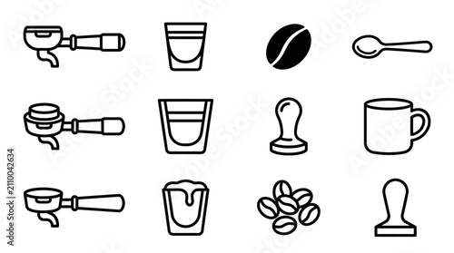 Tableau sur toile Espresso Coffee Icons: Portafilter, Shot Glass, Beans, Tamper, Spoon, Mug