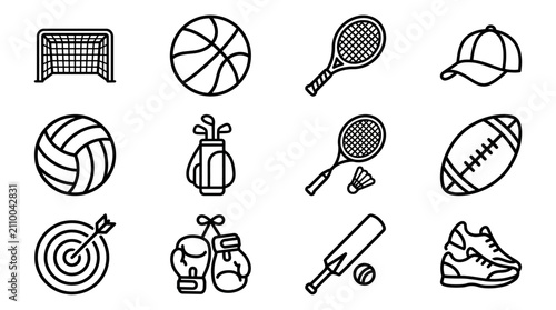 Fotografia Sports Equipment Icons Set: Football, Tennis, Golf, Basketball, Soccer, Boxing,