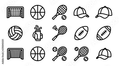 Fotografia Sports Equipment Icons Set: Football, Tennis, Basketball, Golf, Volleyball, Badm
