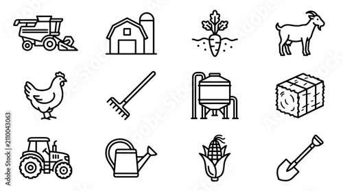 Konstfotografi Farm icons: tractor, combine, chicken, goat, barn, corn, carrot, hay, shovel, ra