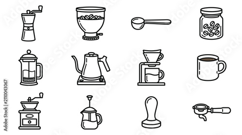 Tableau sur toile Coffee Making Tools Icon Set: Grinders, Press, Kettle, Filter, Mug, Tamper