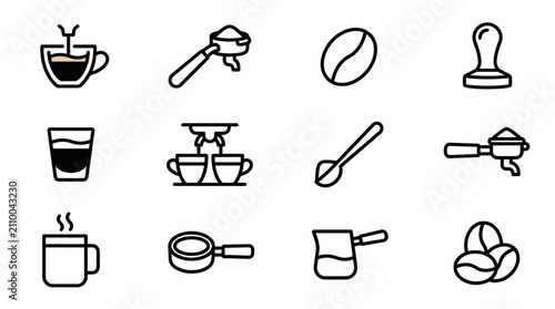 Foto Espresso Coffee Icons: Espresso Machine, Beans, Tamper, Cup, Portafilter, Grinde