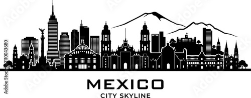 Minimalist black and white skyline illustration of mexico city featuring iconic landmarks and urban architectural silhouettes