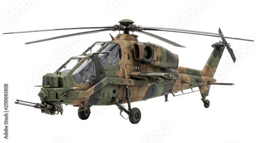 Fotografie Military attack helicopter with camouflage pattern and weaponry system isolated on transparent background